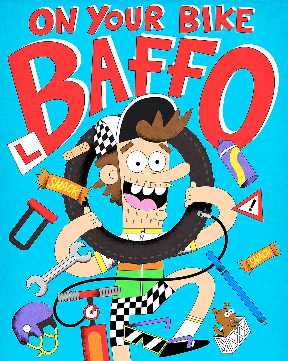 Cartoon boy tangled in bike parts under ON YOUR BIKE BAFFO on a blue background.