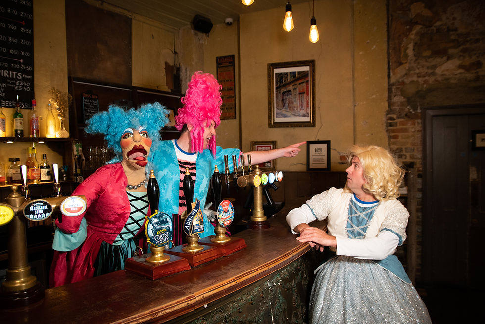 Cast of Potted Panto behind the bar with 1 person seated