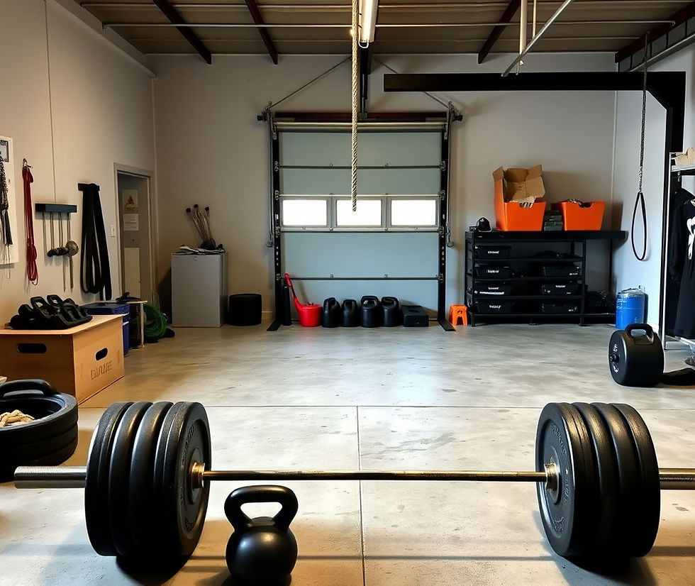 a large garage with a barbell and bumper plates, a pull-up bar, kettlebells and dumbbells,