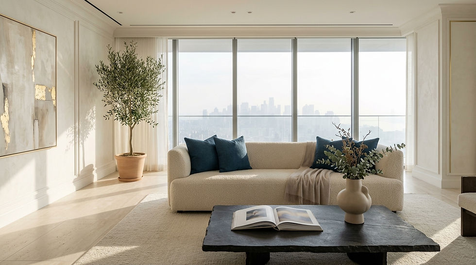 Pristine interior of a luxury Class-A penthouse salon reflecting bespoke curated living and quiet luxury over basic utility services.