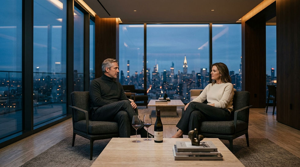 Affluent residents relaxing in luxury Class-A penthouse lounge enjoying private lifestyle services