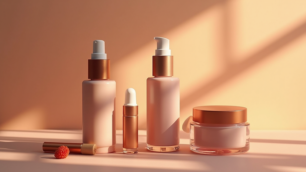 Eye-level view of a seasonal makeup bundle with warm tones and skincare products