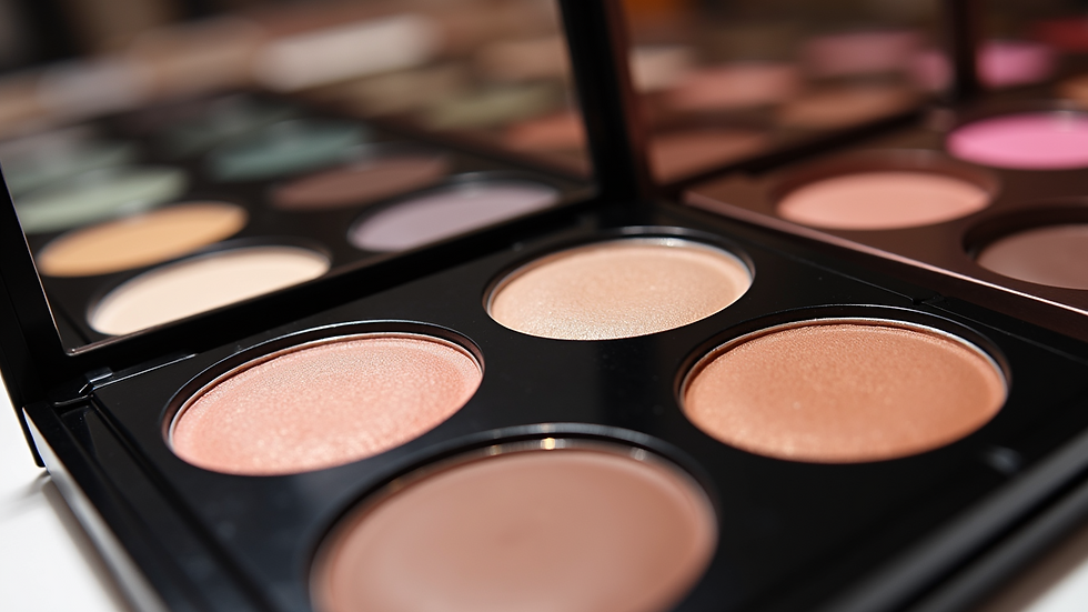 Eye-level view of a luxury makeup display featuring eyeshadow palettes and eyeliners