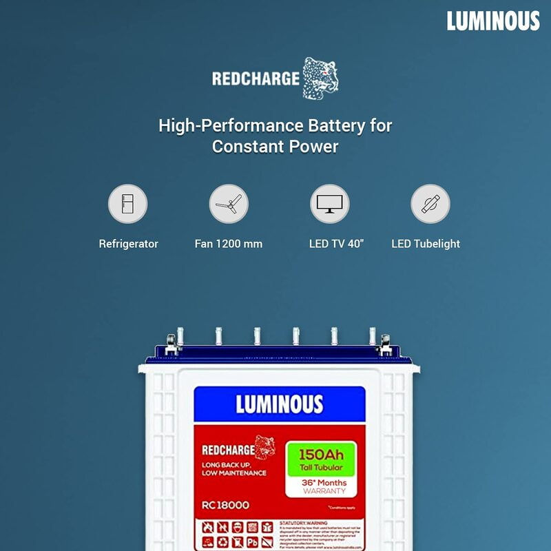 Thumbnail: Luminous Red Charge RC 18000 150 Ah, Tall Tubular Inverter Battery for Home, Off