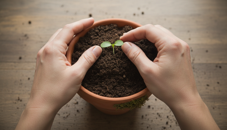 Overhead view of hands planting a small green seedling in dark soil.