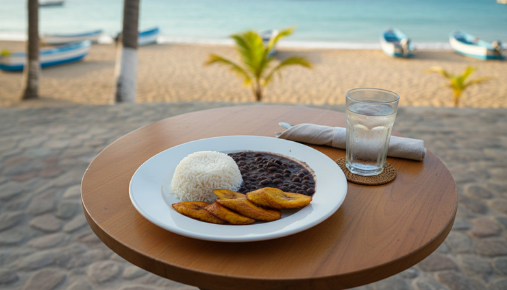 Overhead view of one meal set on a small outdoor table near the coast.