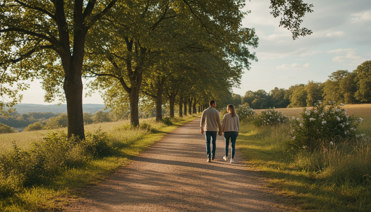 Wide-angle view of a quiet walking path with two people side by side