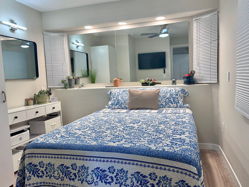 Guest Bedroom with ceiling fan, ample lighting, and TV 