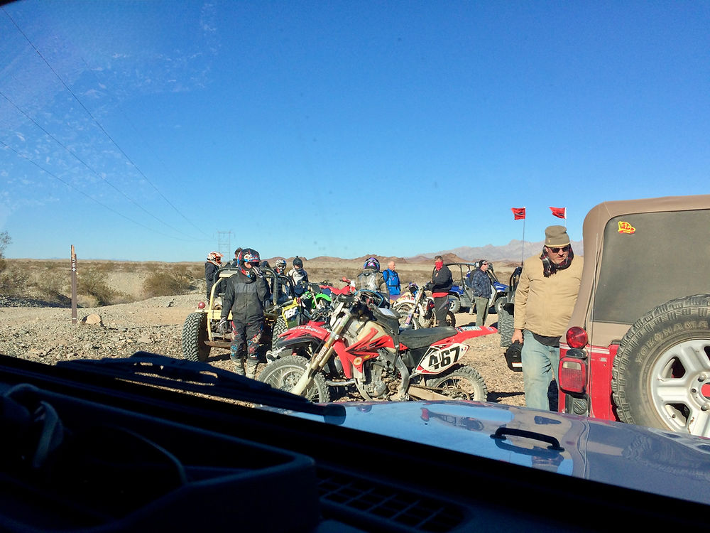 Jeeps, SXS, dirt bikes motorcycles at off roading meet up
