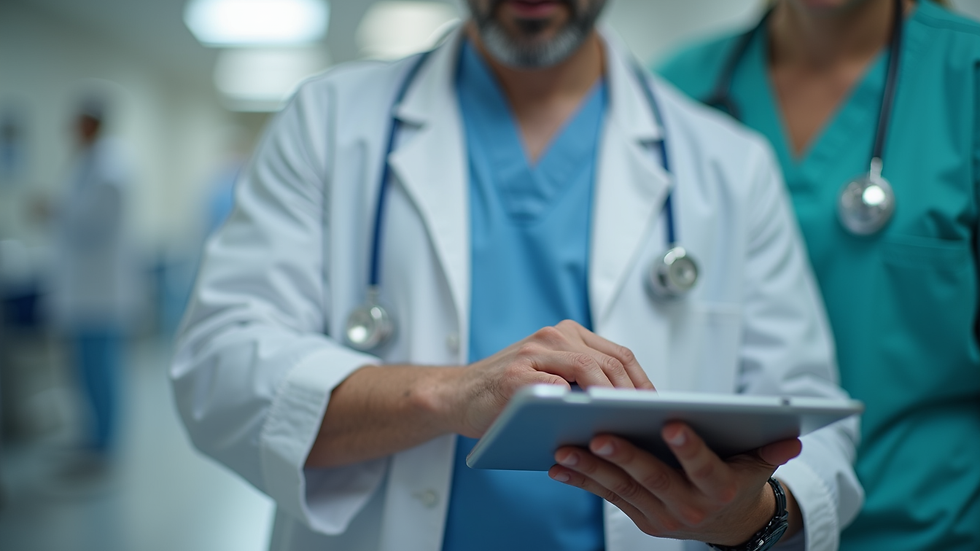 Close-up view of a healthcare professional using a tablet to review patient data