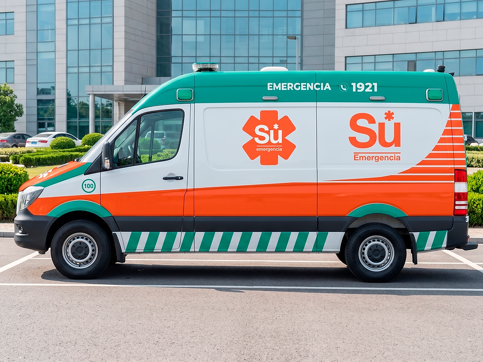 Vista lateral de una ambulancia privada en movimiento por una calle de Pando
