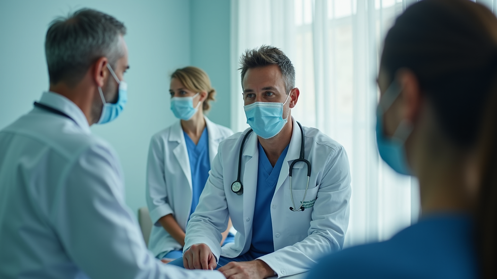 Vista a nivel de ojo de una consulta neurológica con equipo médico y paciente