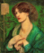 Portrait of a woman in a green dress with folded hands, against a leafy background. She has red lips and an introspective expression.