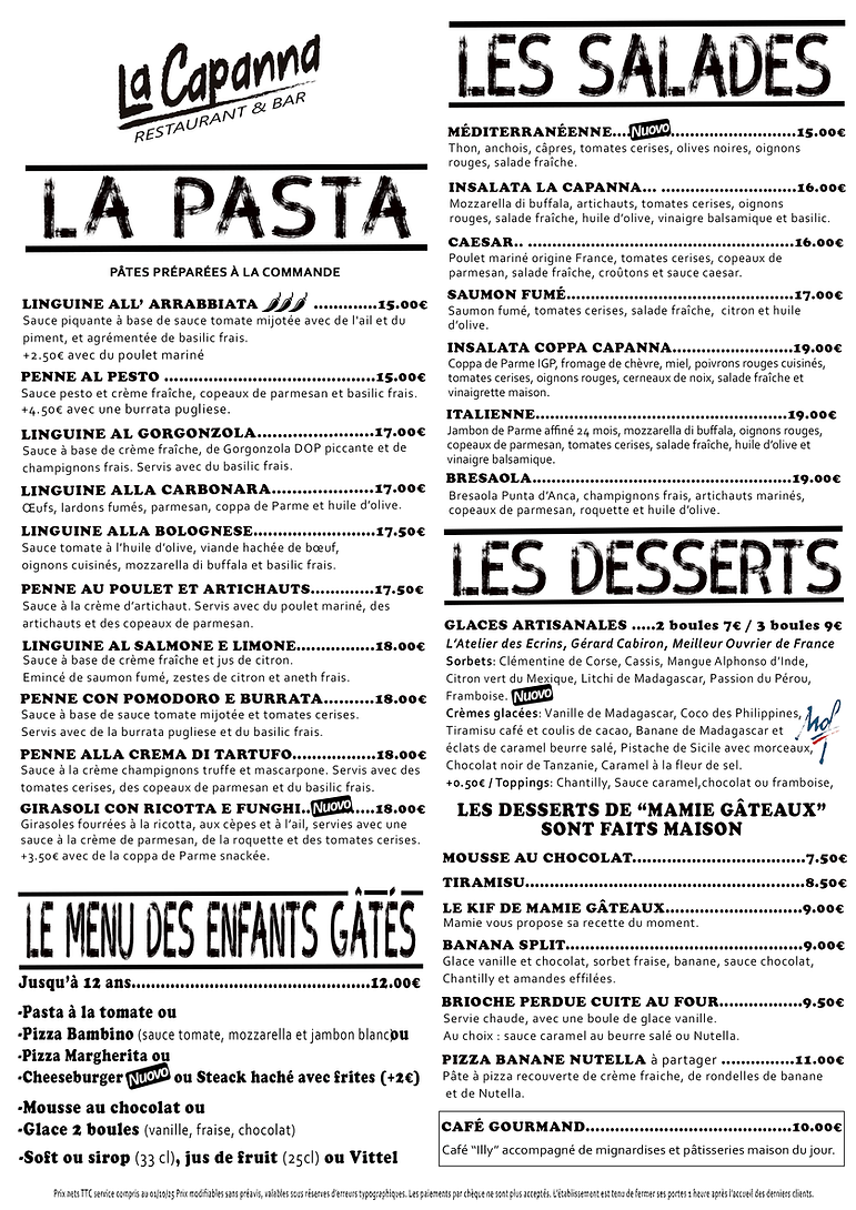Carte des pastas et salades