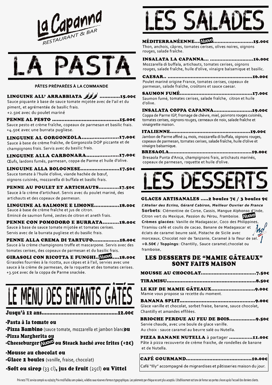 Carte de la pasta et des salades