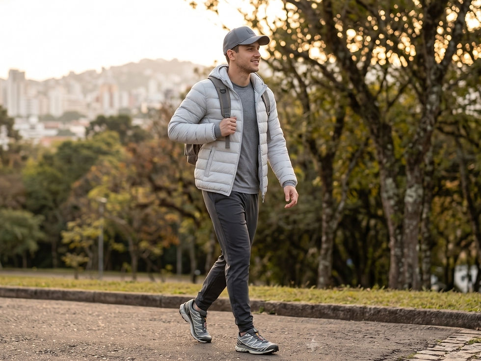 Homem caminhando em um parque ao pôr do sol vestindo jaqueta puffer masculina cinza clara com capuz, camiseta cinza, calça de moletom grafite e tênis esportivo. Sugestão de look outdoor de inverno.