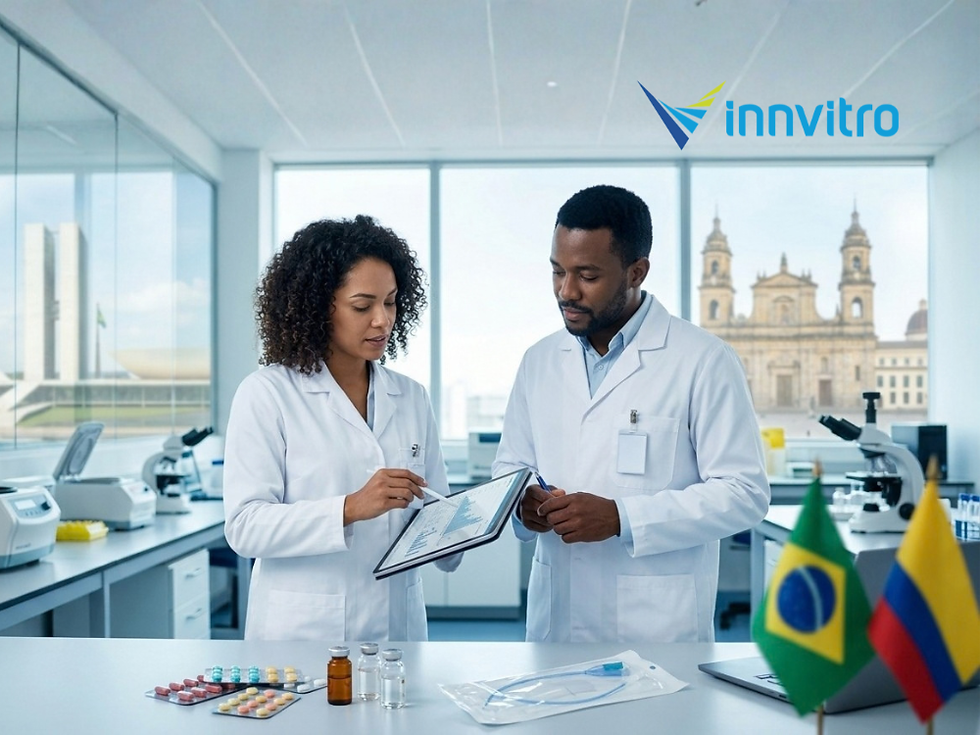Profesionales evaluando datos toxicológicos de medicamentos en un laboratorio con banderas de Colombia y Brasil.