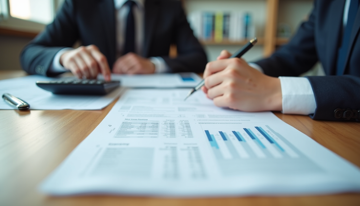 Eye-level view of a UK tax consultation meeting with documents and calculator on a wooden table