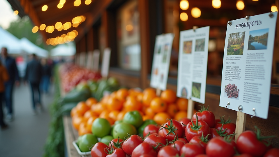 Close-up view of a farm market information booth with signs and flyers