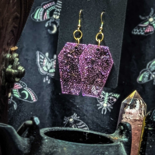 Rest in Peace Coffin Earrings – Purple Resin with Real Lavender | Witchy Earring | Naugh-Tea Nook