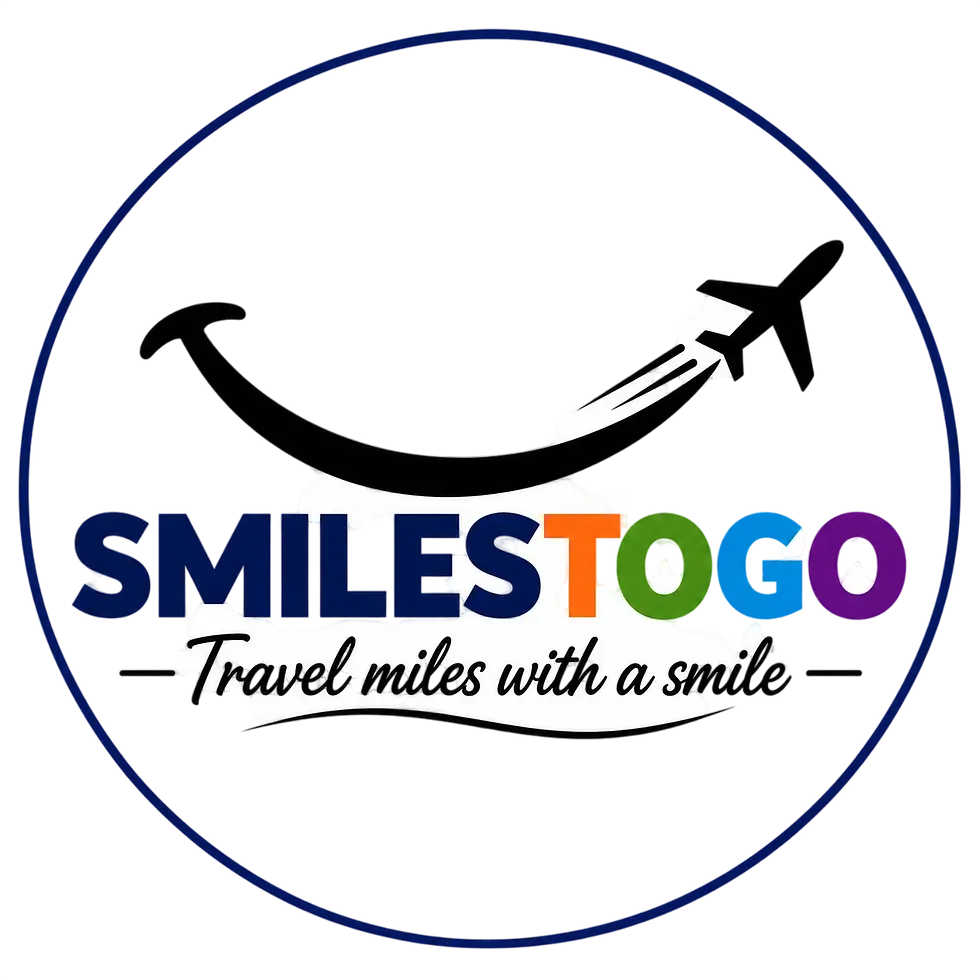 Logo design for SMILESTOGO, a travel brand, featuring its name and slogan "Travel miles with a smile" against a dark background. Vibrant and modern.