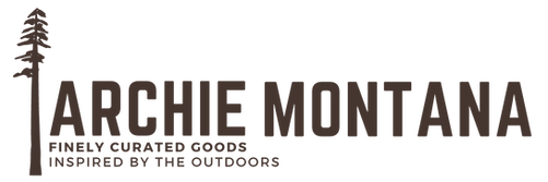 Brown logo with Pine Tree that says Archie Montana, finely curated goods inspired by the outdoors.