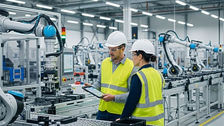 Two engineers reviewing data on a robotics manufacturing line.