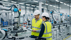 Two engineers reviewing data on a robotics manufacturing line.
