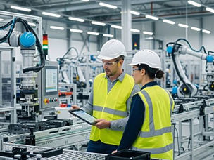 Two engineers reviewing data on a robotics manufacturing line.