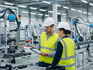 Two engineers reviewing data on a robotics manufacturing line.
