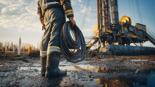 Oil rig worker with coil of wire in hand.