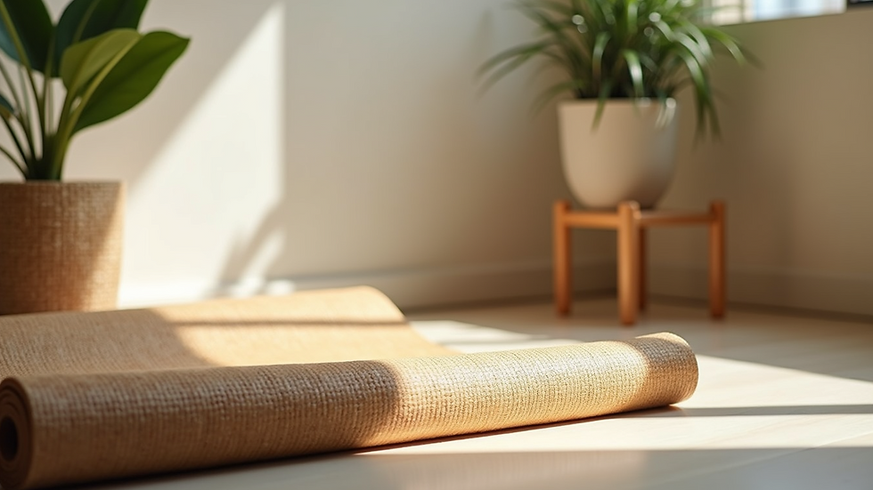 Close-up view of a cozy corner with a yoga mat and a small indoor plant