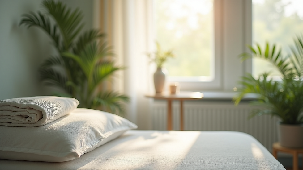 Eye-level view of a calm therapy room with natural light and plants