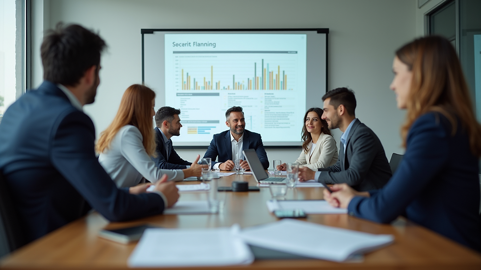 Eye-level view of a conference room with a strategic planning session underway