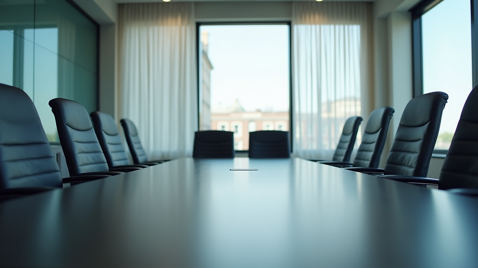 Eye-level view of a conference room with empty chairs around a table