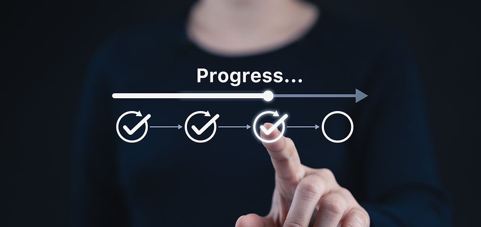 Checklist and task progress tracking concept. A person pointing at progress bar with check