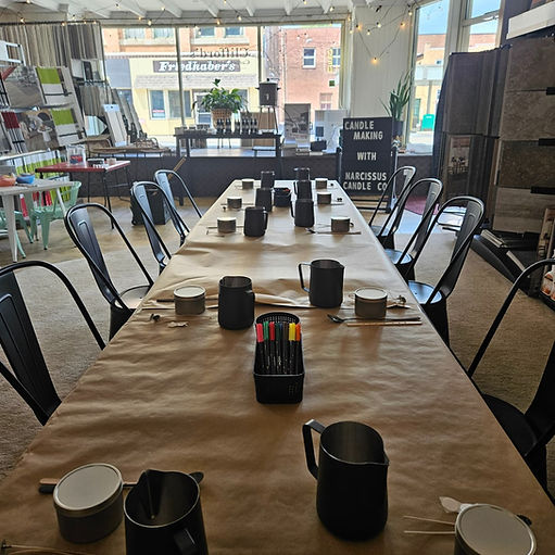 Image of a table set with candle-making supplies