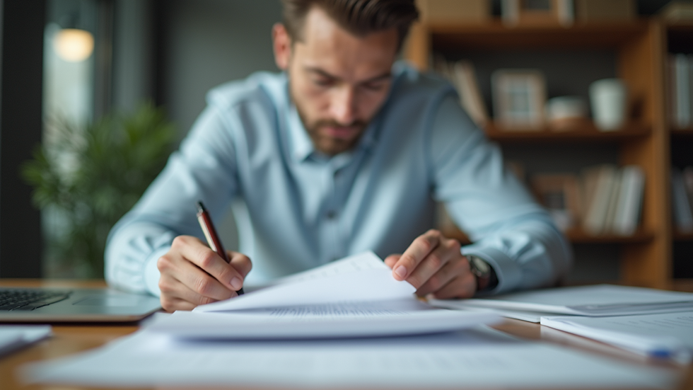 Eye-level view of a small business owner reviewing documents at a desk