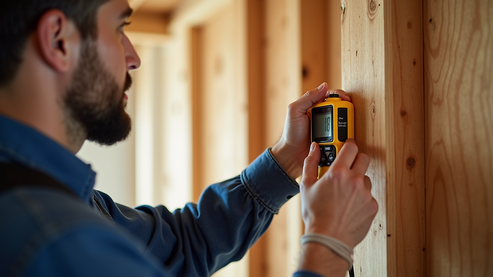 Close-up view of an inspector using a moisture meter on a wooden wall