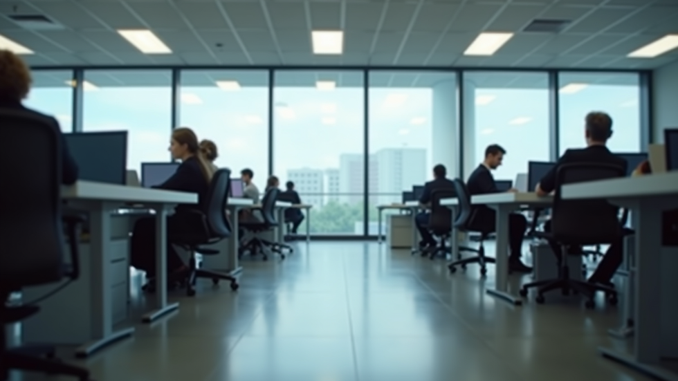 Eye-level view of a business office with workers at desks