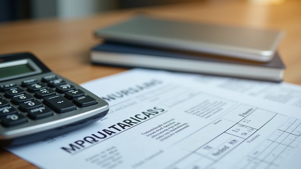Close-up view of a calculator and insurance forms on a wooden table