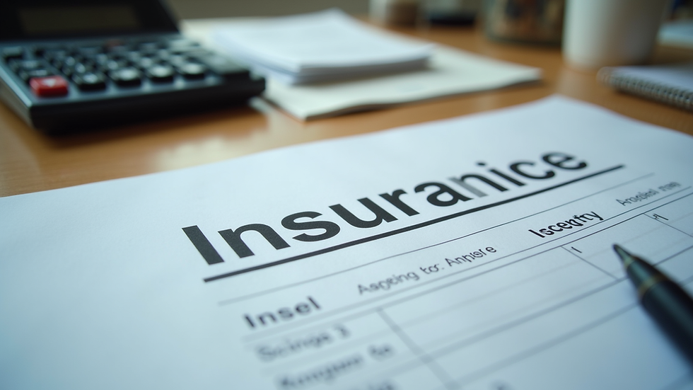 Eye-level view of office desk with insurance documents and calculator