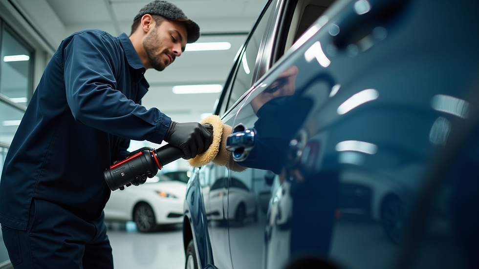 Eye-level view of a professional detailer polishing a car door