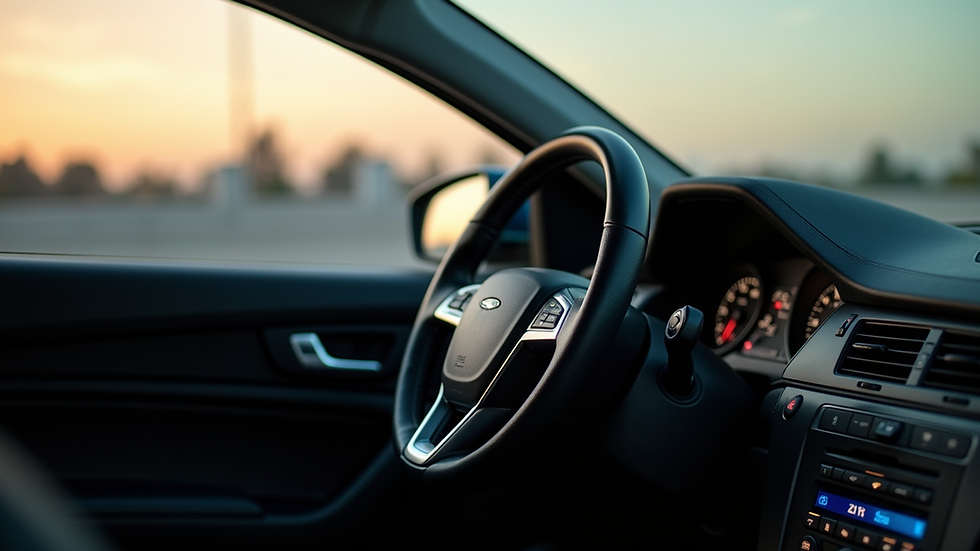 Close-up view of clean car dashboard and steering wheel