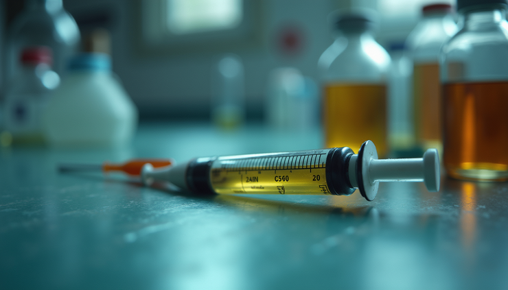 Close-up view of a vintage syringe and chemical bottles on a laboratory table