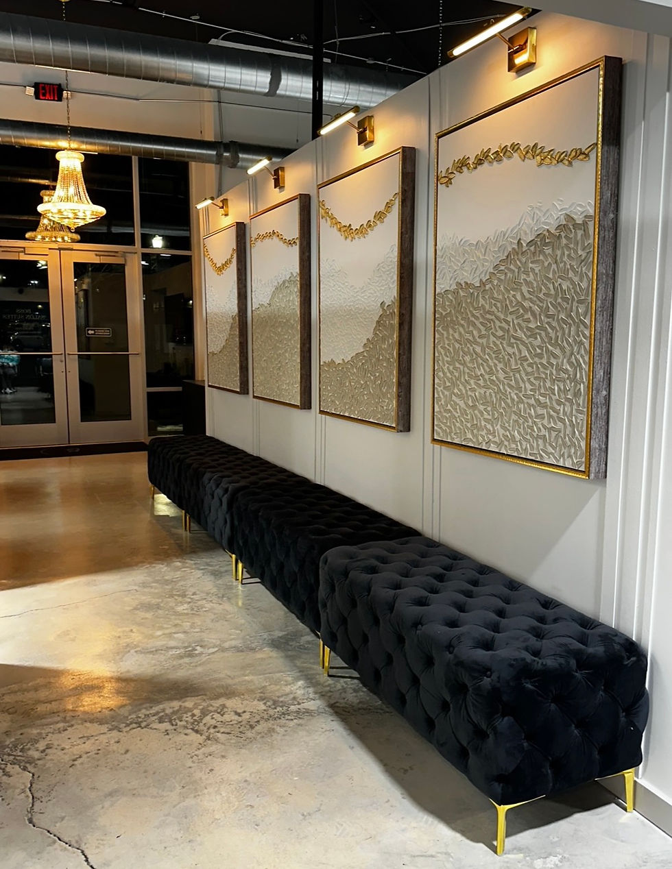 Close-up view of a stylish salon suite reception area with elegant furniture