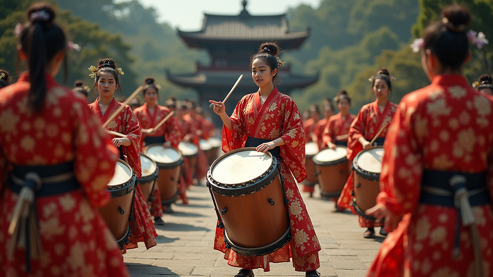 Eye-level view of a taiko drum performance showcasing vibrant costumes and dynamic movements