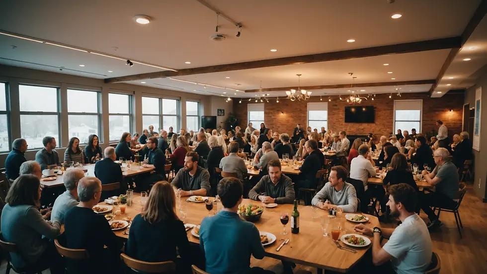 Wide angle view of a community gathering in an indoor space