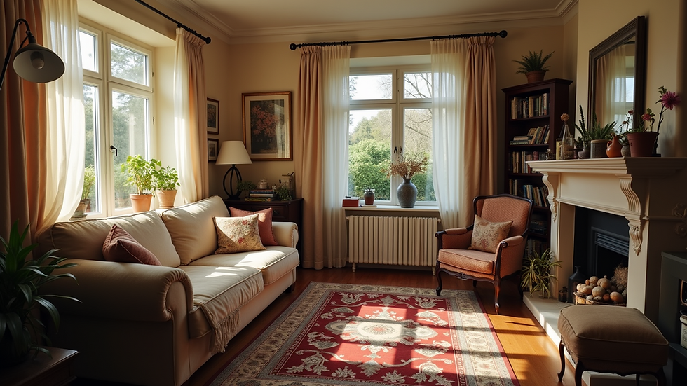 Eye-level view of a cozy living room filled with books and personal items