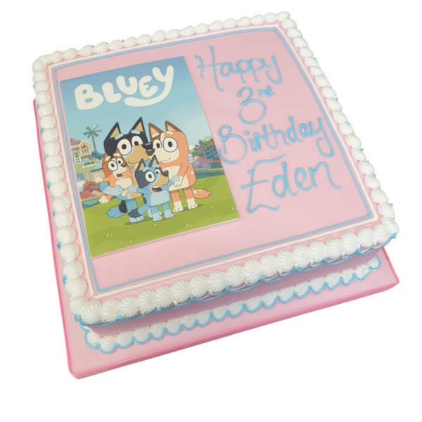 8-inch square photo cake decorated with edible images for a special occasion celebration. Personalised cake with photo decorations. Perfect for birthdays and events.